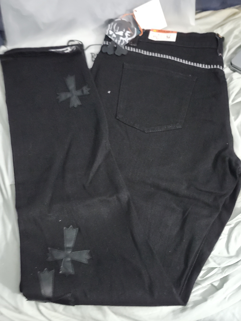 Men's Slim Straight Black Jeans with Cross Patch Detail